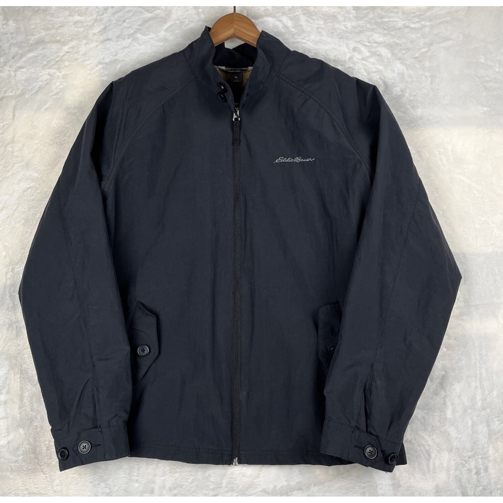Eddie Bauer Mens L Lightweight Full Zip Up Jacket Black Dress Casual Rain Resist